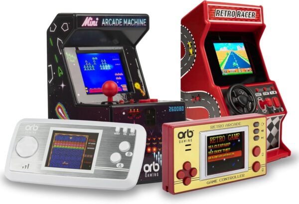 Orb Mini Retro Handheld Games Console & Arcade Bundle - 1 x 150 In-Built Games Console & 2 x 240 In-Built Games Arcade, 1 x 30 In-Built Racing Games, Full Colour LCD Screen - Thumbs Up!